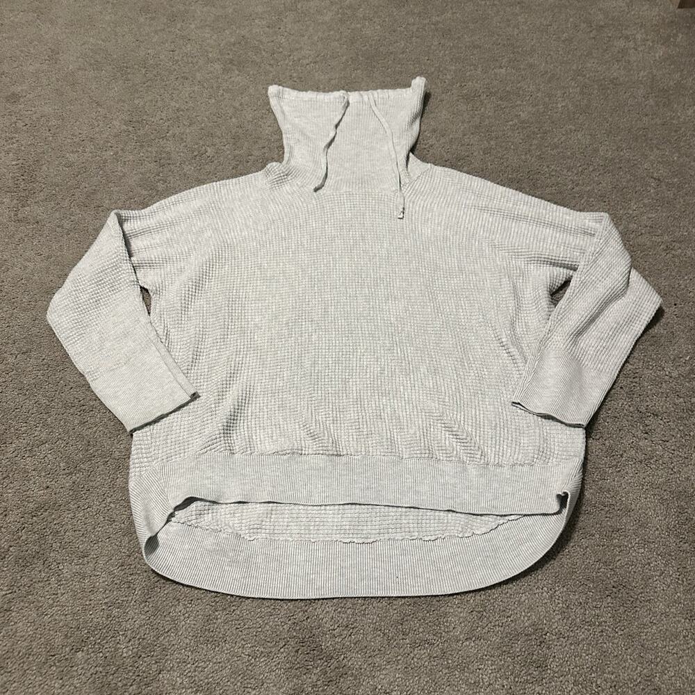 Cynthia Rowley 1X Sweater Cotton Blend Waffle Knit Funnel Neck Drawstring Gray
